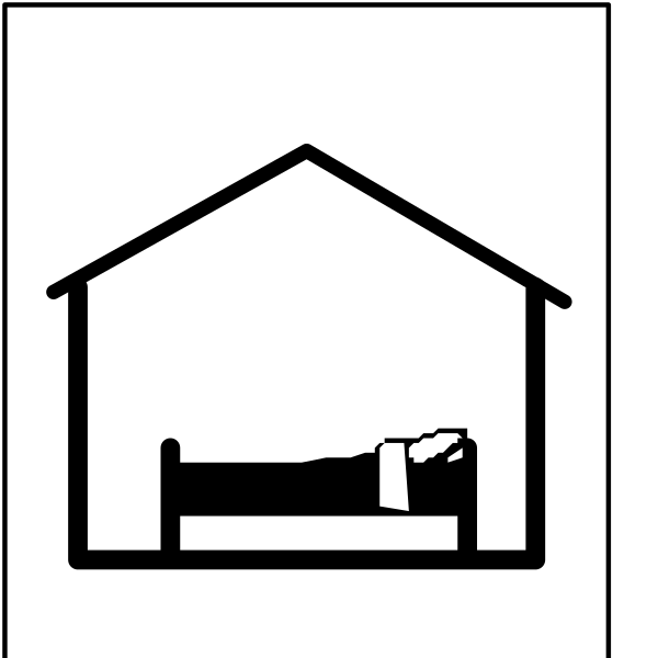 The image shows a black and white icon of an open house with two beds inside it next to each other under what appears to be a roofed structure resembling a shed; above this is another smaller icon depicting one bed, suggesting that there can only be one occupant at a time.