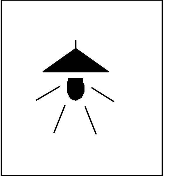 The image shows a black and white icon of an umbrella with rays emanating from it on top left corner against a plain background; below that is another smaller square containing what appears to be a stylized depiction of a sun, moon or light source in bottom right corner.