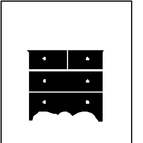 The black and white illustration shows a simple bedroom scene with two beds placed side by side against an unadorned wall on either end of what appears to be a nightstand in between them; there is no text present, focusing solely on furniture items within this minimalistic setting.