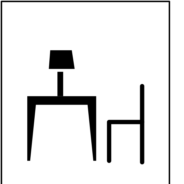 The black and white line drawing shows a simple representation of furniture: two chairs with different designs on either side; between them is an abstract figure that could be interpreted as another piece of furniture like a sofa or chair, but it's not clear enough to determine its exact nature; above the central figure are three lines representing what appears to be shelves. The image does not contain any people, animals, actions, or specific setting details due to being in black and white line art form with minimal detailing.
