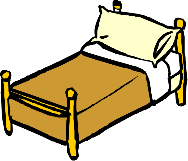 The image shows a simple line drawing of an unmade bed with wooden frame on four legs against a dark background.