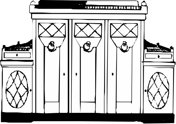 The black and white illustration shows a bar with three cabinets on top of each other against a wall; there is no visible activity in this still image.
