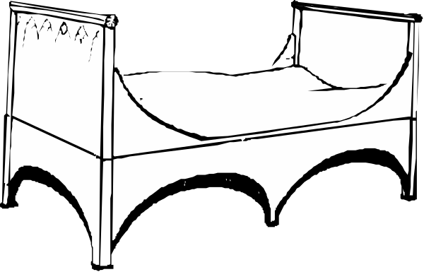 The black and white illustration shows a simple bed with no sheets on it placed against an unadorned wall under what appears to be low lighting conditions in front of which there is another piece of furniture that could possibly serve as storage, such as a bench or table.