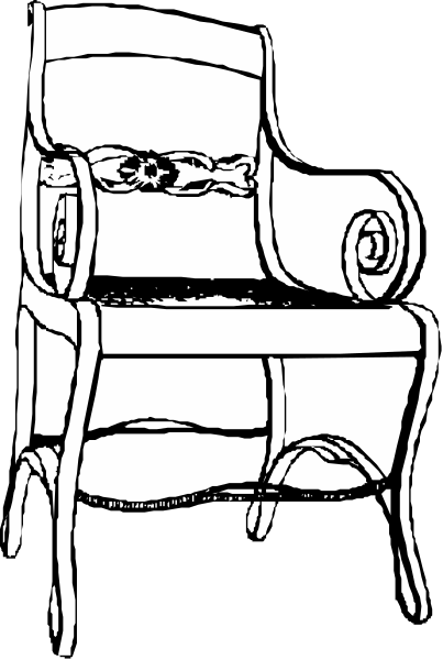 The black and white illustration shows a single chair with an intricate design on it placed against a plain background.