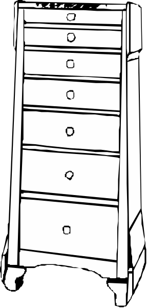 The image shows a simple line drawing of an upright dresser with six drawers against a plain background.