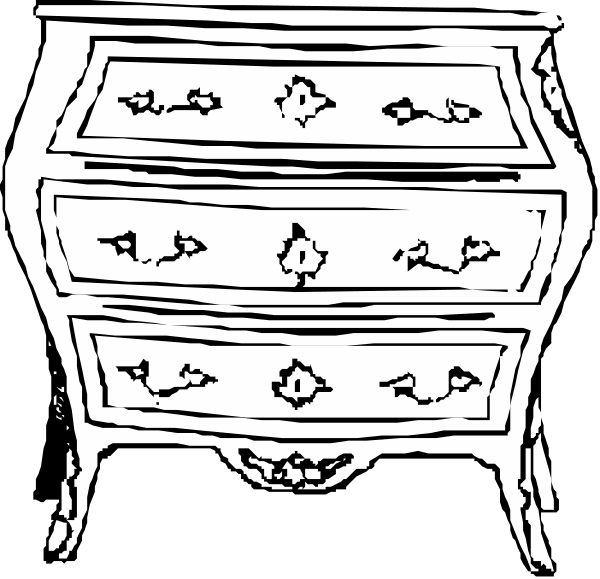 The black and white illustration shows a vintage dresser with intricate designs on its front paneling against an unadorned wall background.