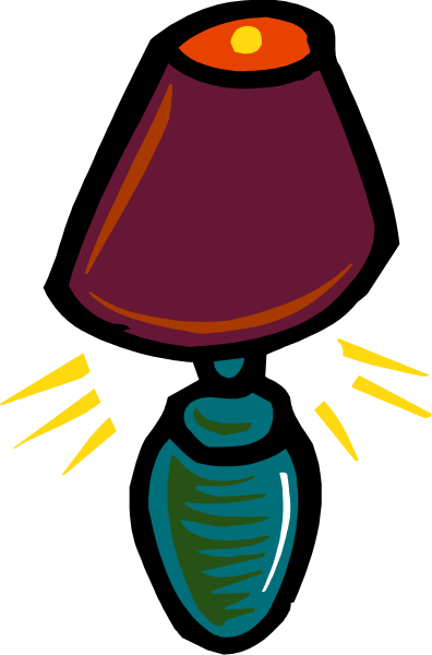 The image shows a purple lamp with an orange shade hanging from its neck on what appears to be a wall-mounted light fixture that has two yellow rays emanating outwardly behind it.