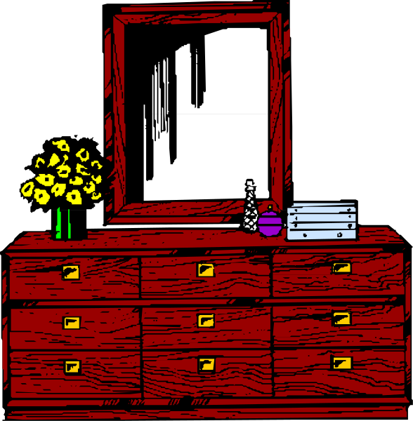 The image shows a two panel illustration of an interior space with red furniture featuring drawers on top; between panels is a mirror reflecting part of room's contents including flowers in vase atop dresser, and items like books and bottles near it.