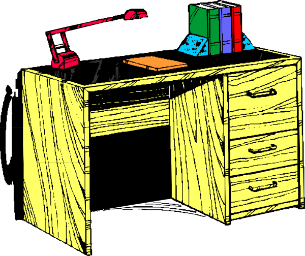 The black and white illustration shows a wooden desk with two drawers on either side of it; there is an open book lying flat atop one drawer, next to which sits a red stapler. On top of another drawer rests what appears to be a small stack of books or papers. To the left of this arrangement stands a lamp that has three bulbs and seems to have no shade on its head; it is turned off in the image. The desk's surface also holds two items: one item resembles an open book, while another looks like a notebook with writing