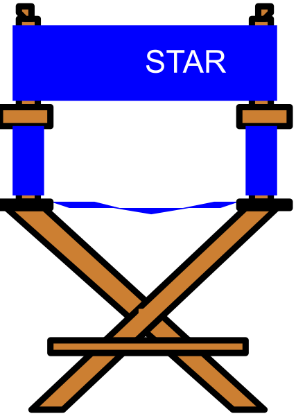 The image shows a blue director's chair with "STAR" written on it placed against an orange background that resembles a stage backdrop.
