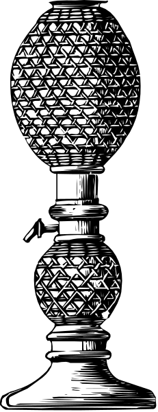 The black and white illustration shows a tall vase with intricate designs on its body placed next to an object that resembles a globe in shape but is actually a decorative piece of metalwork featuring spherical patterns, possibly representing some sort of trophy or award due to the presence of what appears to be a ribbon and stand.