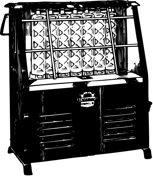The black and white photo shows a wooden cabinet with glass doors displaying various items inside it.