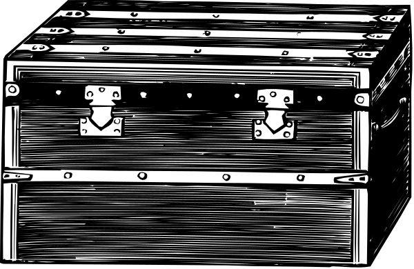 The black and white illustration shows a large wooden chest with two locks on it placed against what appears to be an old wallpaper background.