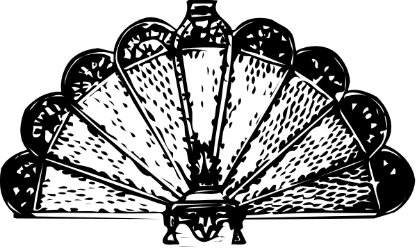The black and white illustration shows a fan with intricate designs on it against an indistinct background.