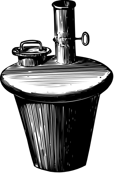 The black and white illustration shows a sink with two faucets on top of it against an unidentified background.
