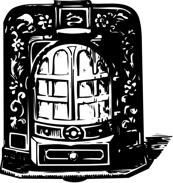 The black and white images show a vintage jukebox with an open door on top of it against two different backgrounds: one is plain dark while the other has decorative elements around its frame.