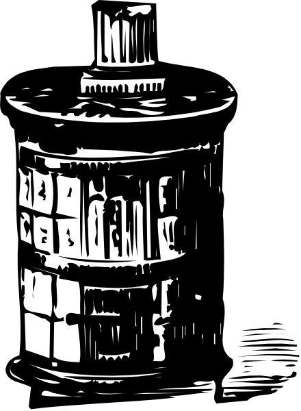 The black and white illustration shows a tall lamp with an intricate design on its base placed against a dark background.