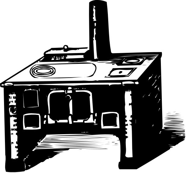 The black and white photo shows a kitchen with an oven on top of it to its right side.