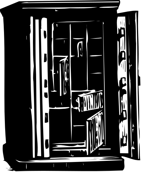 The black and white illustration shows a narrow hallway with shelves on both sides filled with books; at end of hall is an open door revealing another room that appears to be darker than current space.