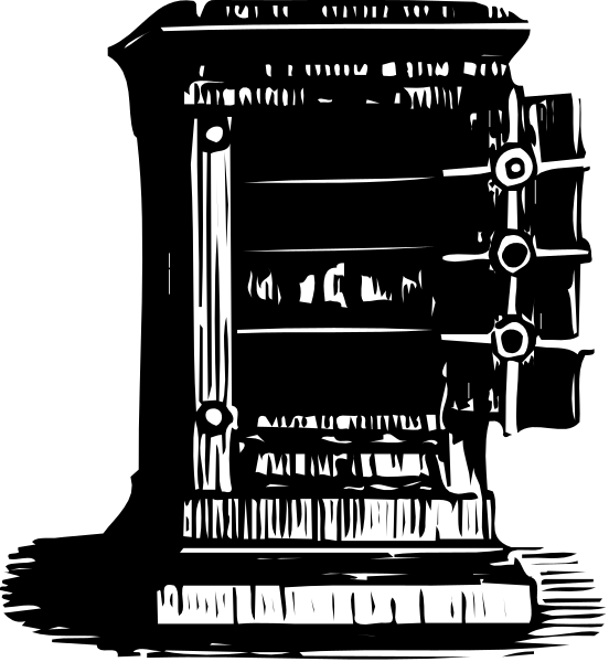 The black and white photo shows a vintage typewriter with keys visible on its front panel.