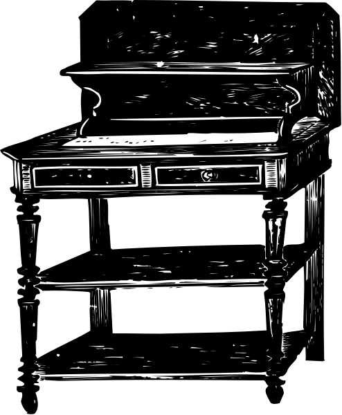 The black and white illustration shows a desk with drawers against an open door of what appears to be a cabinet or wardrobe in front of it.