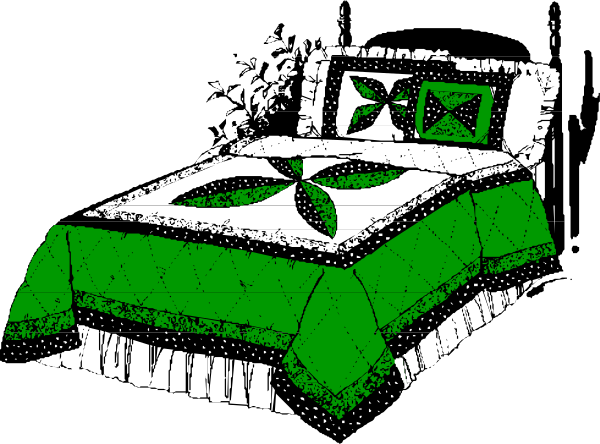The black and white illustration shows two beds with a green leaf pattern on them against an indistinct background; there is no text present in this image.