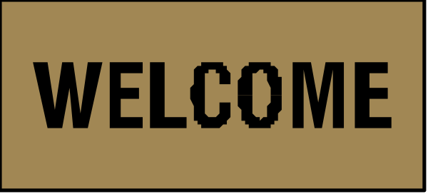 The image shows a sign with text that reads "WELCOME" at its top right corner on an otherwise plain background.