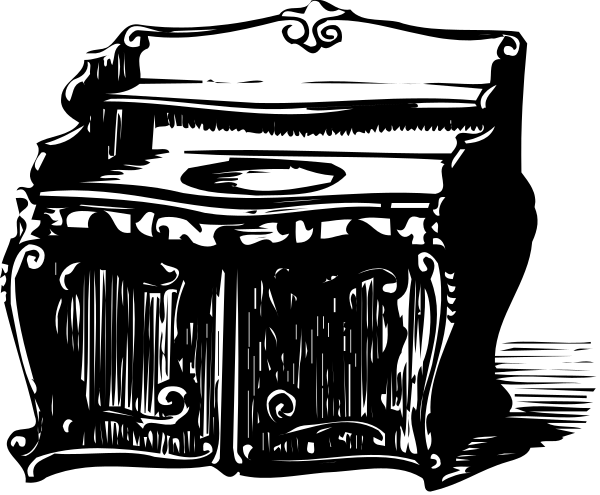 The black and white illustration shows a vintage desk with drawers against an abstract background featuring swirls of lines that suggest movement or chaos.