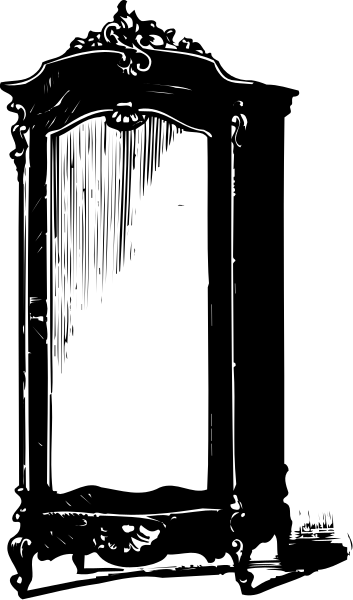 The black and white illustration shows a mirror with an open door revealing darkness inside it against a dark background.