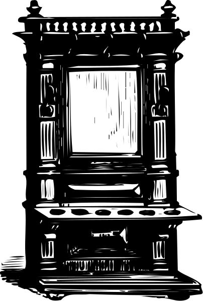 The black and white illustration shows a window with an open shutter on it inside what appears to be a dark room.