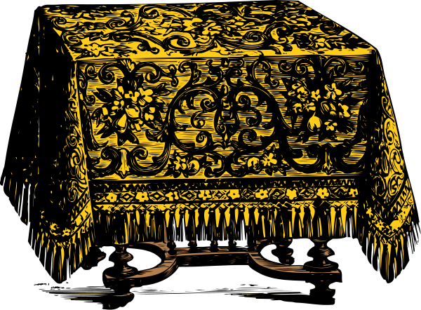 The black and white illustration shows a large tablecloth with an intricate floral pattern on it draped over what appears to be a dining room table set for two in front of chairs that have tassels hanging from them, suggesting formality; there is no text or action depicted within the image.