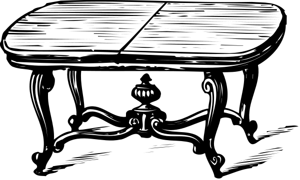 The black and white illustration shows a table with two drawers on top of it against an indistinct background.