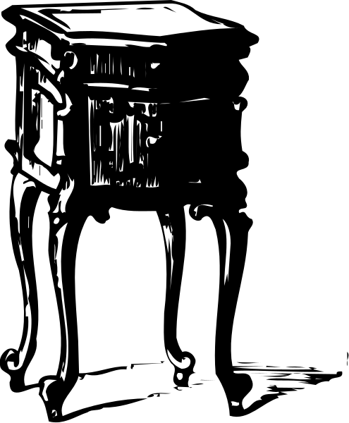 The black and white illustration shows a desk with drawers on top of it against a dark background.