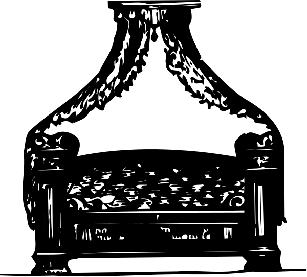 The black and white illustration shows a traditional canopy bed with intricate designs on its frame.