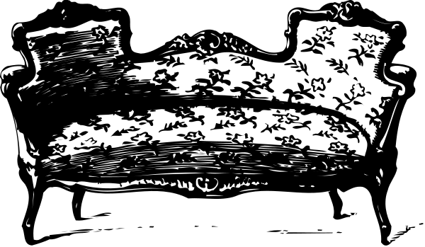 The black and white illustration shows a couch with floral patterns on it placed against a wallpaper background featuring what appears to be an abstract design in shades of gray.