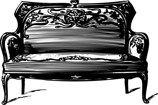 The black and white illustration shows a couch with an intricate design on its backrest placed against a wall.