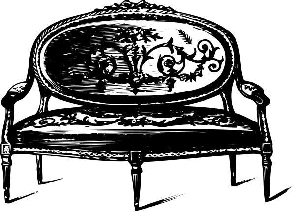 The black and white illustration shows a vintage couch with an intricate design on its backrest featuring what appears to be floral patterns in gold coloring against dark backgrounds; it is placed indoors, possibly within a room that has other furniture items but not clearly visible due to the focus being primarily on the couch.