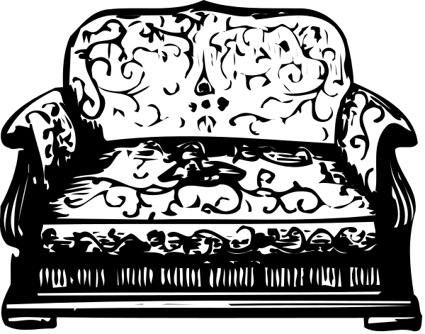 The black and white illustration shows a couch with an intricate design on it against a dark background; there is no text present in this image.