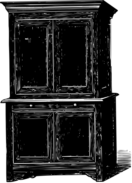 The black and white photo shows a kitchen cabinet with two doors against an indistinct background.