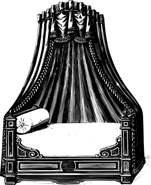 The black and white illustration shows a traditional canopy bed with four posts at each corner of its frame, draped in fabric that creates an elegant arch over it; there is no person present within this image.