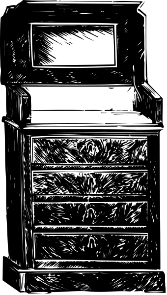 The black and white illustration shows a dresser with multiple drawers on top of each other against an indistinct background that does not provide any additional context about location or time period.