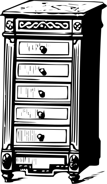 The black and white illustration shows a vintage dresser with three drawers on top of each other against an unseen background.