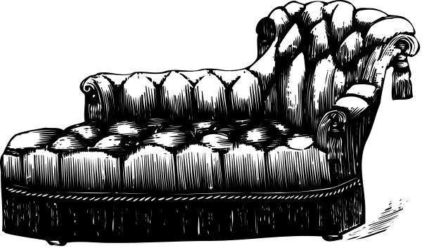 The black and white illustration shows a couch with two arms resting on it against an indistinct background.