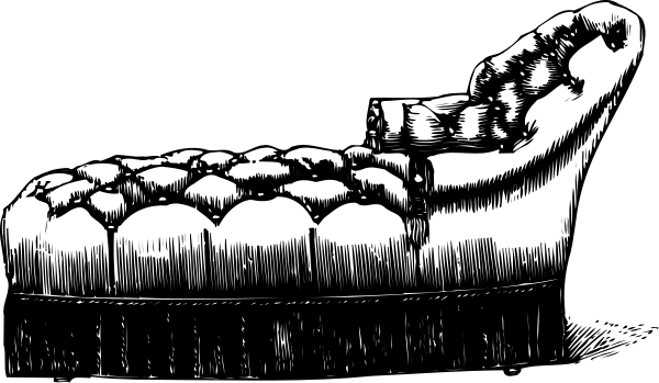 The black and white illustration shows a large couch with two pillows on it against an indistinct background.
