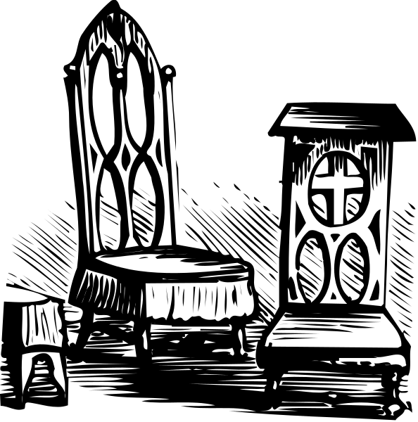 The black and white illustration depicts a church interior with two Gothic chairs facing each other near an altar area under stained glass windows; there is also a small table between them on which rests what appears to be a book, suggesting it might serve as a prayer or bible.