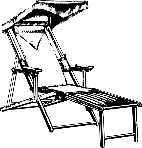 The black and white illustration shows two different scenes: on top, a lounge chair is placed under an umbrella; below it, there's another scene with no text where we can see only one object—a lawn chair in front of what appears to be a grill or barbecue.