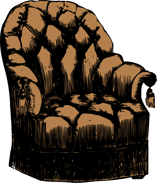 The black and white illustration shows a vintage couch with an intricate pattern of stitching on it against a dark background.
