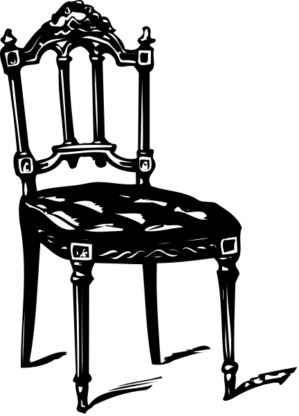 The black and white illustration shows a throne with intricate details on it against a dark background.