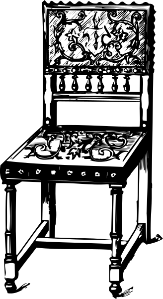 The black and white illustration shows a chair with intricate designs on its backrest next to an old-fashioned desk that has various tools scattered across it in what appears to be a workshop environment.