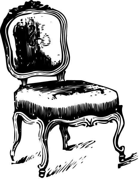 The black and white illustration shows a chair with an intricate design on it against a dark background.